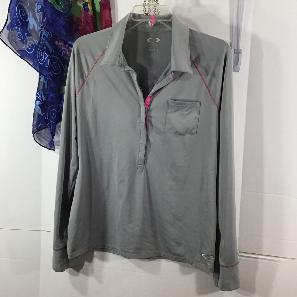 Oakley Light Gray Long Sleeve Polo with Pink Trim L